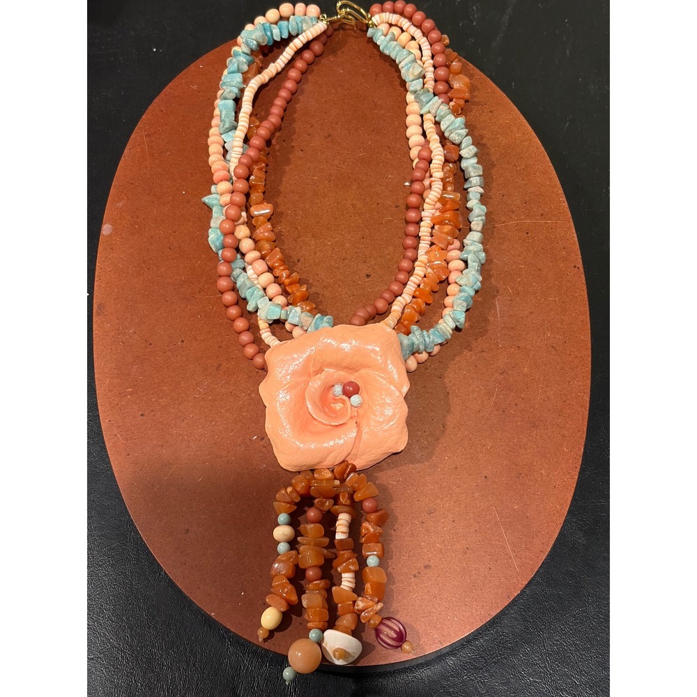 Boho Multi-Strand Beaded Necklace Peach Rose Tassel Turquoise‎ Carnelian Coral